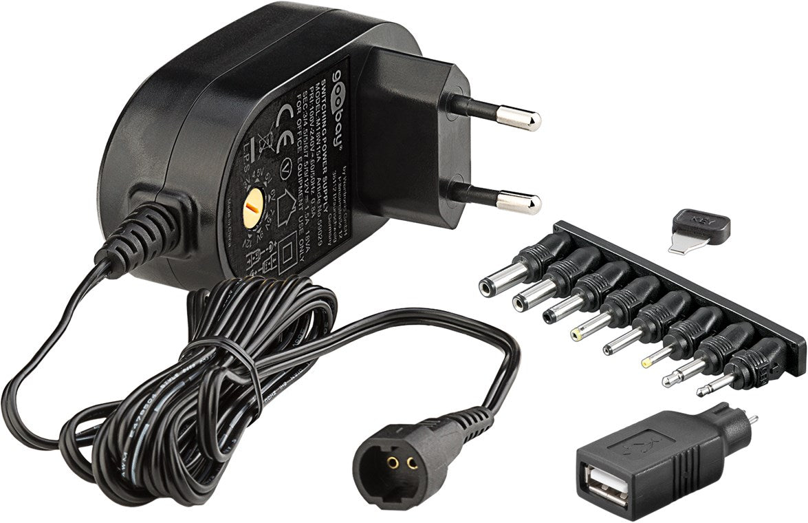 Goobay 59029 Universal-Netzteil 3 V - 12 V inkl. 1 USB- und 8 DC-Adapter - max. 18 W und 1.5 A | Kabellänge 1.8 m