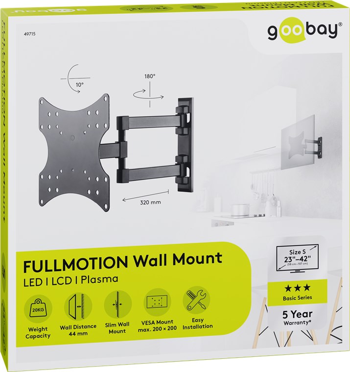 Goobay 49715 TV-Wandhalterung Basic FULLMOTION (S) für Fernseher von 23-Zoll bis 42-Zoll (58-107cm) | vollbewegliches Doppelarmgelenk (schwenkbar und neigbar) bis 20kg
