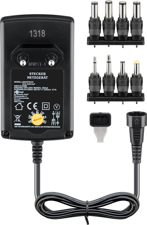 Goobay 53998 Universal-Netzteil 3 V - 12 V inkl. 8x DC-Adapter - max. 27 W und 2.25 A | Kabellänge 1.8 m