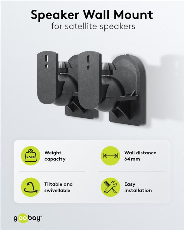 Goobay 49393 Lautsprecher Wandhalterung universal Universal-Lautsprecherhalterung zur Wandmontage | (schwenk- und neigbar) für Lautsprecher bis max. 3.5kg | schwarz