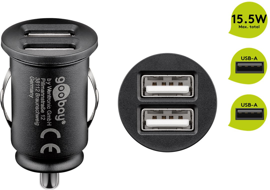 Goobay 58912 Dual-USB Auto Ladegerät (2xUSB) Kfz-Ladeadapter mit 2x USB-Anschlüsse (15.5 W) | schwarz