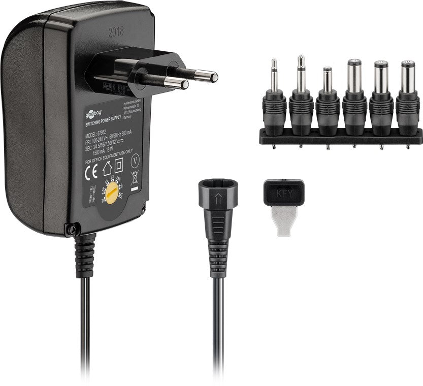 Goobay 67952 Universal-Netzteil 3 V - 12 V inkl. 6x DC-Adapter - max. 18 W und 1.5 A | Kabellänge 1.8 m