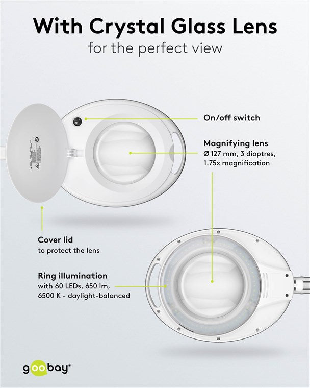 Goobay 60360 LED-Klemm-Lupenleuchte | 8W | 650 lm | Kristall-Glaslinse | Weiß