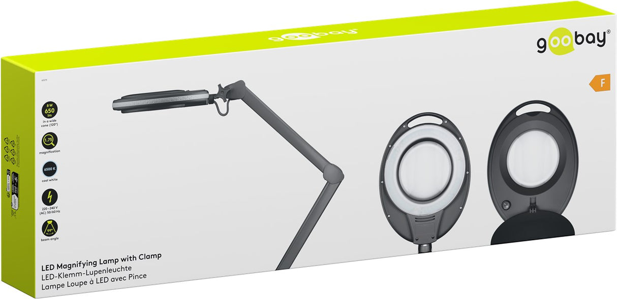 Goobay 65575 LED-Klemm-Lupenleuchte | 8W | 650 lm | Kristall-Glaslinse | Schwarz