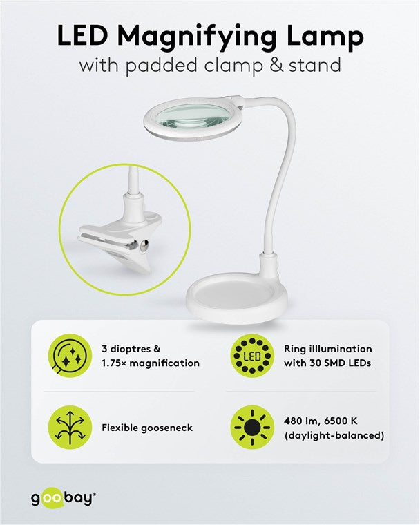 Goobay 60359 LED-Stand-/Klemm-Lupenleuchte | 6W | 480 lm | Weiß