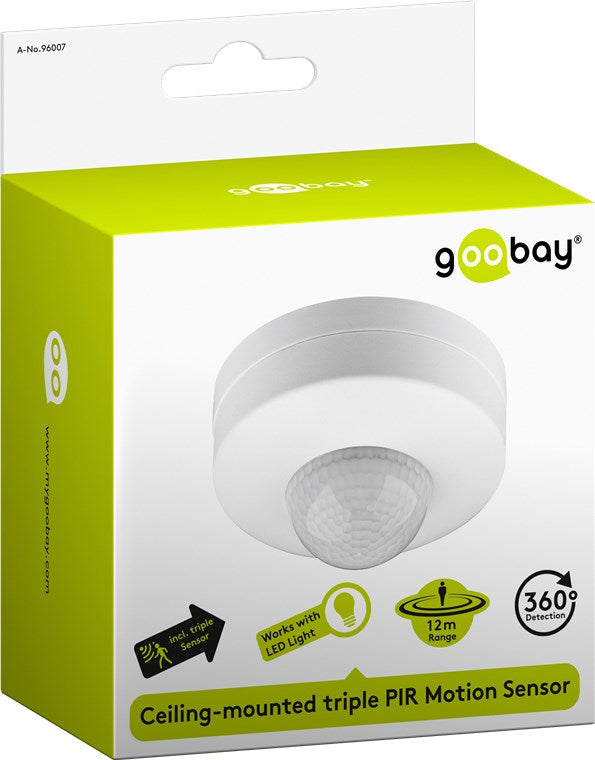 Goobay 96007 Infrarot-Bewegungsmelder zur Aufputz-Deckenmontage | 360°-Erfassung | 12 m Reichweite | für innen (IP20) | LED-geeignet | 3-fach Infrarot