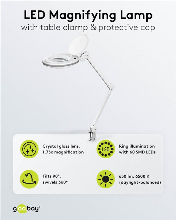 Goobay 60360 LED-Klemm-Lupenleuchte | 8W | 650 lm | Kristall-Glaslinse | Weiß