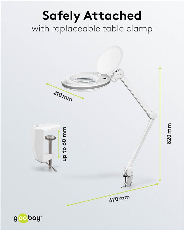 Goobay 60360 LED-Klemm-Lupenleuchte | 8W | 650 lm | Kristall-Glaslinse | Weiß
