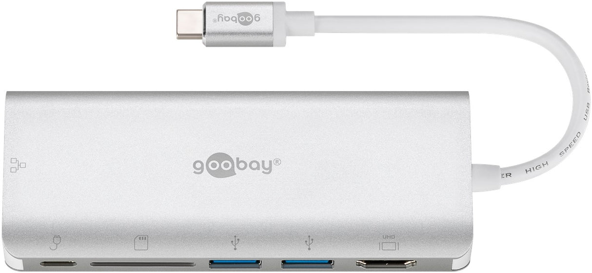 Goobay 76788 USB-C-Multiport-Adapter HDMI 4k30Hz | USB | CR | RJ45 | PD | Alu | silber