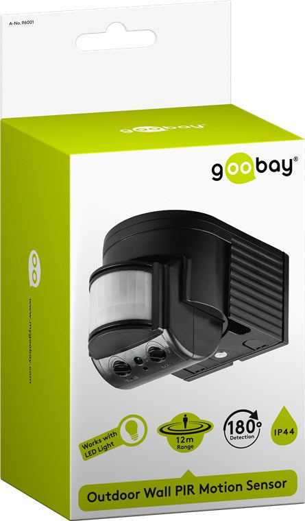 Goobay 96001 Infrarot-Bewegungsmelder zur Aufputz-Wandmontage | 180°-Erfassung | 12 m Reichweite | für außen (IP44), LED-geeignet | schwarz