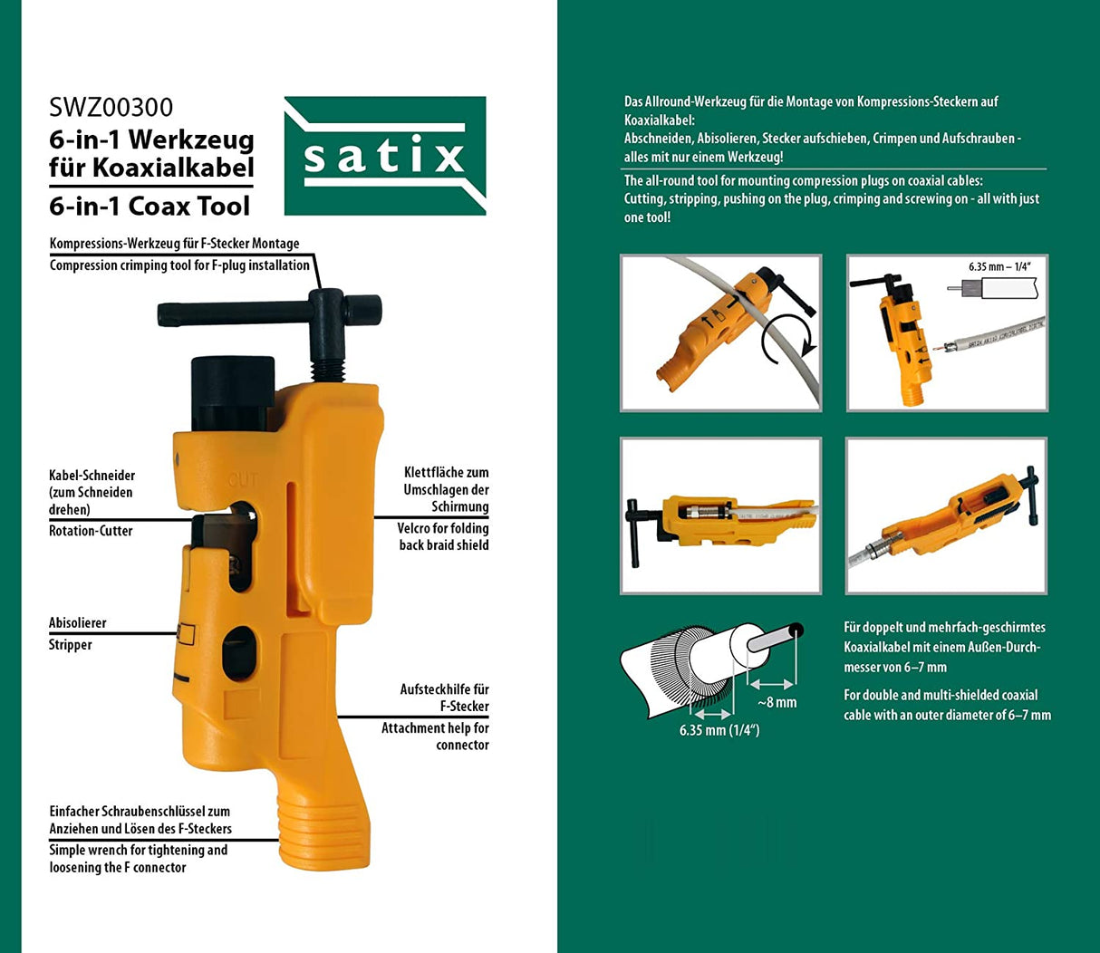 SWZ00300 Multi-Tool | Abisolierer | Cutter | Kompressionstool | Montageschlüssel | für RG59/6/7/11