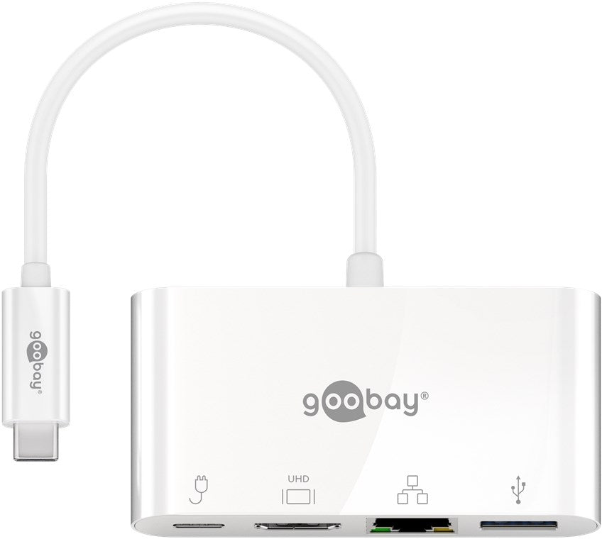 Goobay 62105 USB-C Multiport-Adapter HDMI+Ethernet, PD, weiß erweitert ein USB-C Gerät um einen Ethernet-, einen HDMI- und einen USB 3.0-Anschluss