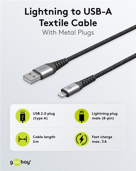 Goobay 49269 USB-A auf Lightning Textilkabel mit Metallsteckern (spacegrau/silber) | Apple MFi-zertifiziert | 2m