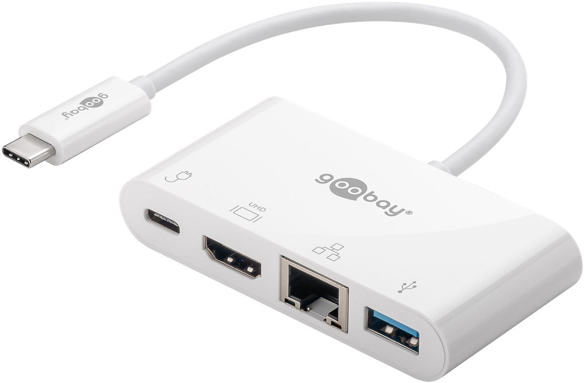 Goobay 62105 USB-C Multiport-Adapter HDMI+Ethernet, PD, weiß erweitert ein USB-C Gerät um einen Ethernet-, einen HDMI- und einen USB 3.0-Anschluss