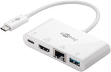 Goobay 62105 USB-C Multiport-Adapter HDMI+Ethernet, PD, weiß erweitert ein USB-C Gerät um einen Ethernet-, einen HDMI- und einen USB 3.0-Anschluss