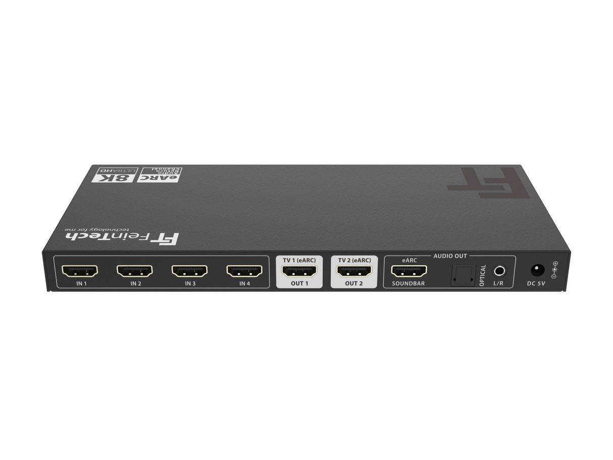 AX341 HDMI 2.1 eARC Splitter Switch 4 In 2 Out + Audio Extractor to eARC-Soundbar, Optical & AUX