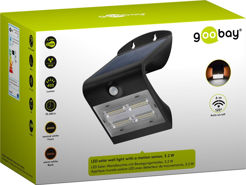 Goobay 45807 LED-Solar-Wandleuchte mit Bewegungsmelder | 3.2 W | Schwarz